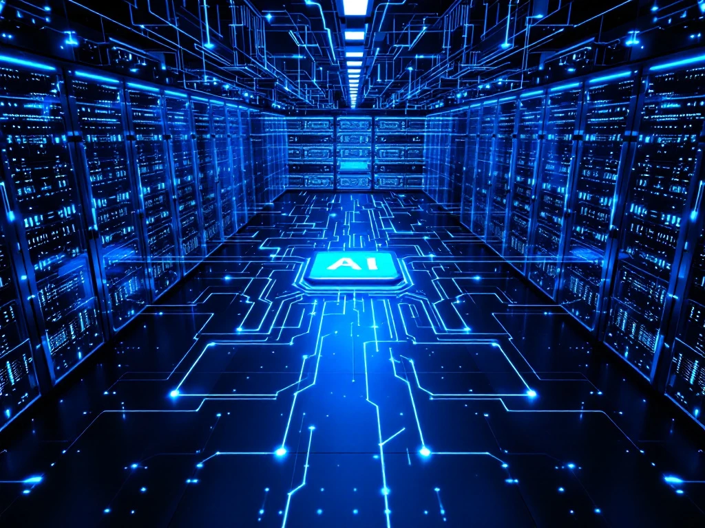 Modern AI server infrastructure with blue processing units scaling outward from a central hub through luminescent network pathways.