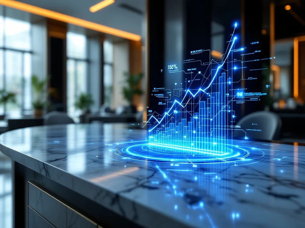 Modern banking interior with holographic financial data visualization displaying network connections and upward trending graphs on marble countertop