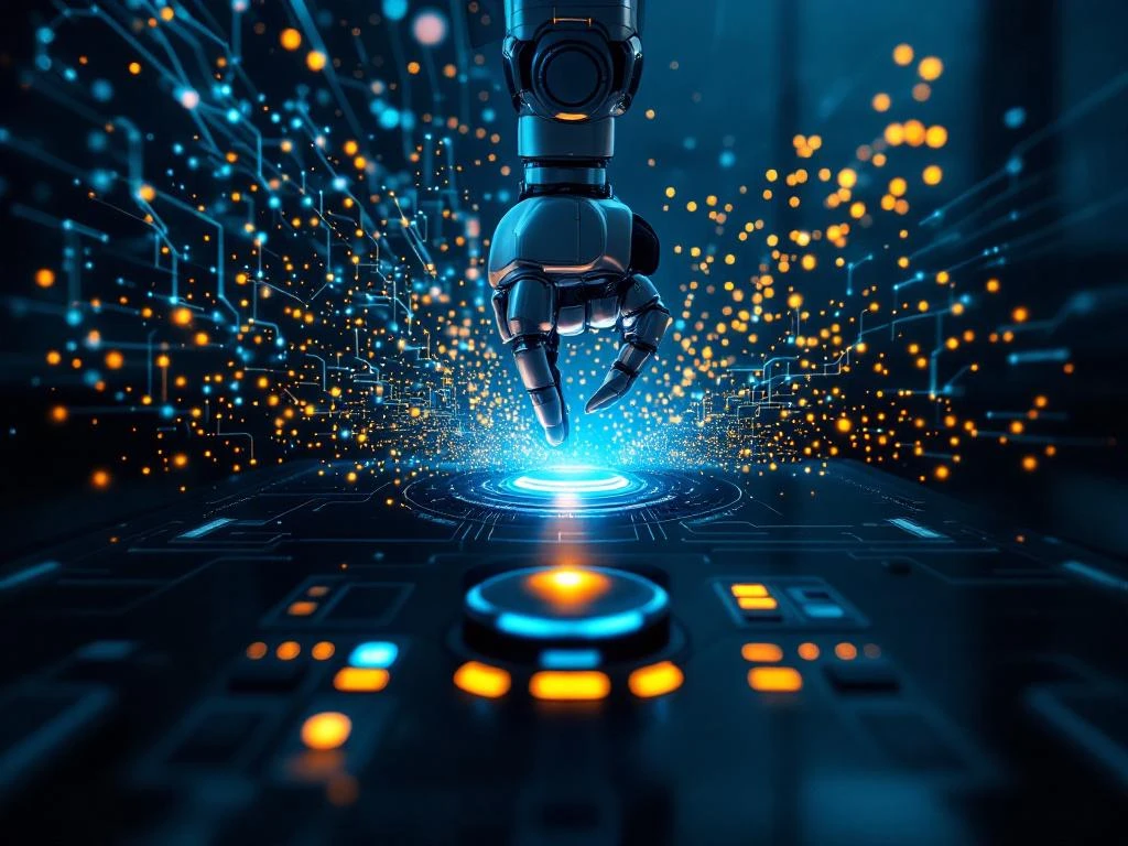 Robotic arm transforms chaotic digital circuitry into elegant, scalable network via futuristic control panel, depicting managed AI solutions.
