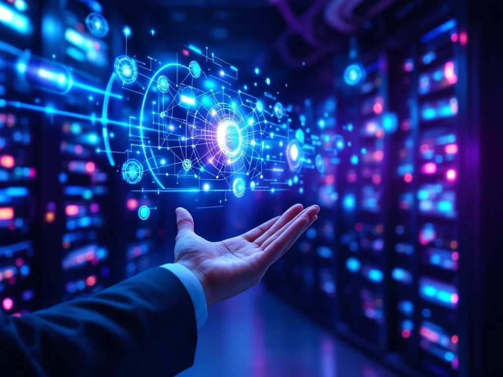 Futuristic data center control room featuring holographic AI visualizations and neural networks displayed above sleek server racks, controlled by hand gestures.