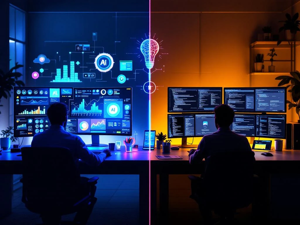 Split-screen comparing Managed AI workspace with holographic displays versus Traditional AI setup with code monitors and technical diagrams.